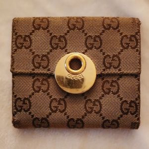 GUCCI Eclipse GG Beige Canvas Compact Wallet PINK Interior Very Good Cond! CLEAN